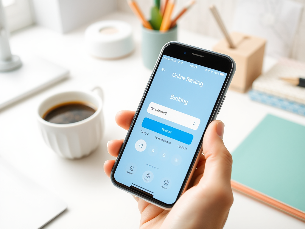 На изображении смартфон с приложением онлайн-банкинга на фоне чашки кофе и рабочего стола.